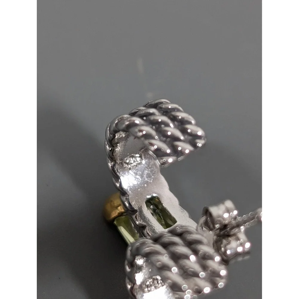 Silver‎ Tone Cable Huggie Hoop Earrings Green CZ Accent Pierced Designer Style